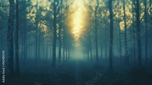 Eerie misty forest with fog enveloping trees and mystical light shining through during dawn, creating a magical and serene atmosphere.