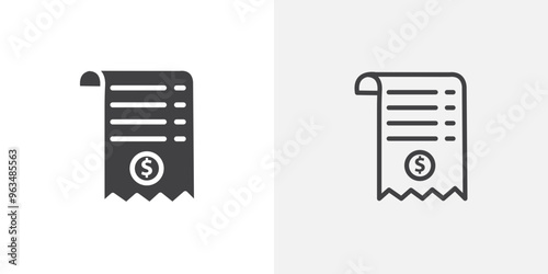 Paper check receipt icon in black filled and outlined style