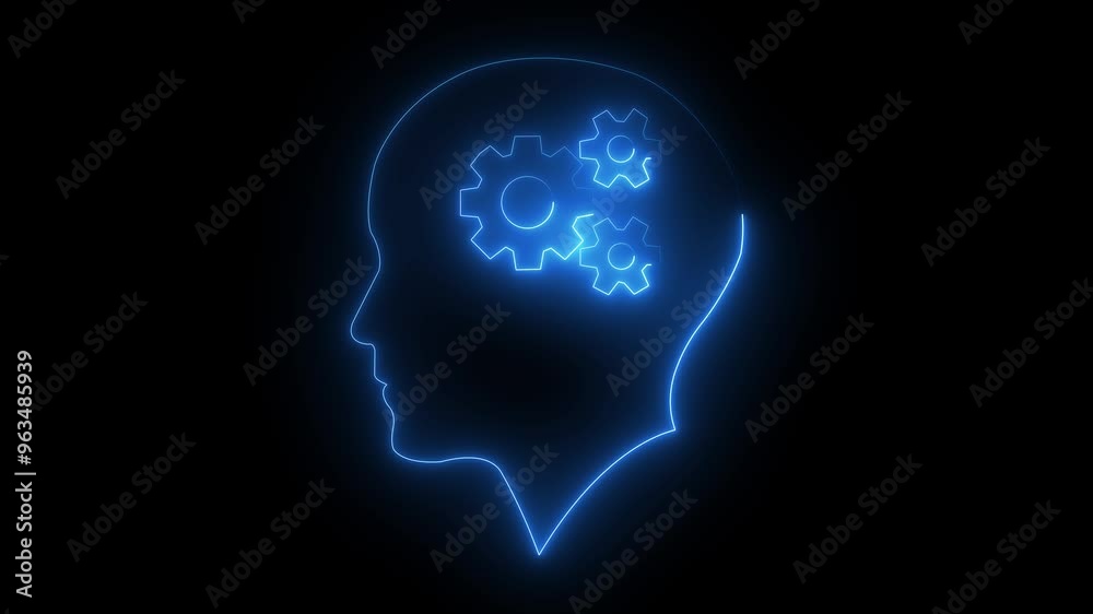 Glowing neon line blue color Human head with gear silhouette icon isolated on black background. Human head with gear neon line settings icon animation. on black background Glowing neon line blue color Human head with gear silhouette icon isolated on black background. Human head with gear neon line settings icon animation. on black background