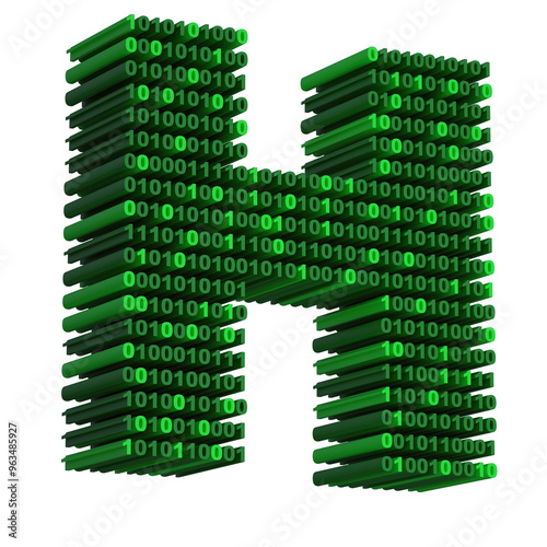 3D isometric letter H font made from binary code digits on transparent background PNG