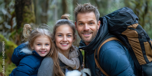 Joyful family trekking through a lush ancient forest