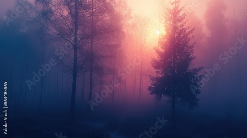 Enchanting misty forest at dawn with striking pink and purple hues, creating an ethereal and mysterious ambiance - perfect for nature ambiance shots.