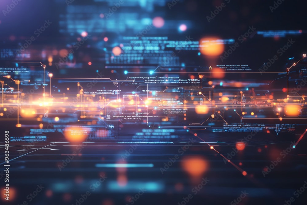 Obraz premium Futuristic digital network concept with glowing lines, abstract background for technology innovation and data transfer visuals.