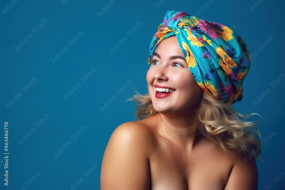 Naklejka premium Happy model in headscarf on blue background