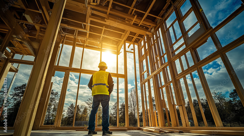 Construction. House construction. Builder in uniform and helmet looks at the wooden frame of the house. Construction. House construction. Builder in uniform and helmet looks at the wooden frame of the house.