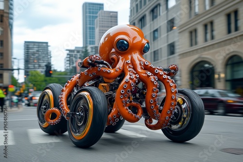 Fototapeta Naklejka Na Ścianę i Meble -  Octopus on a custom bike, tentacles gripping the handlebars as it navigates with precision, darting through the streets like a pro