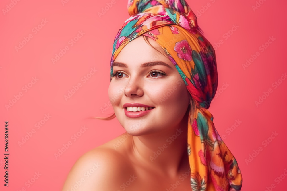 Naklejka premium Happy model in headscarf on pink background