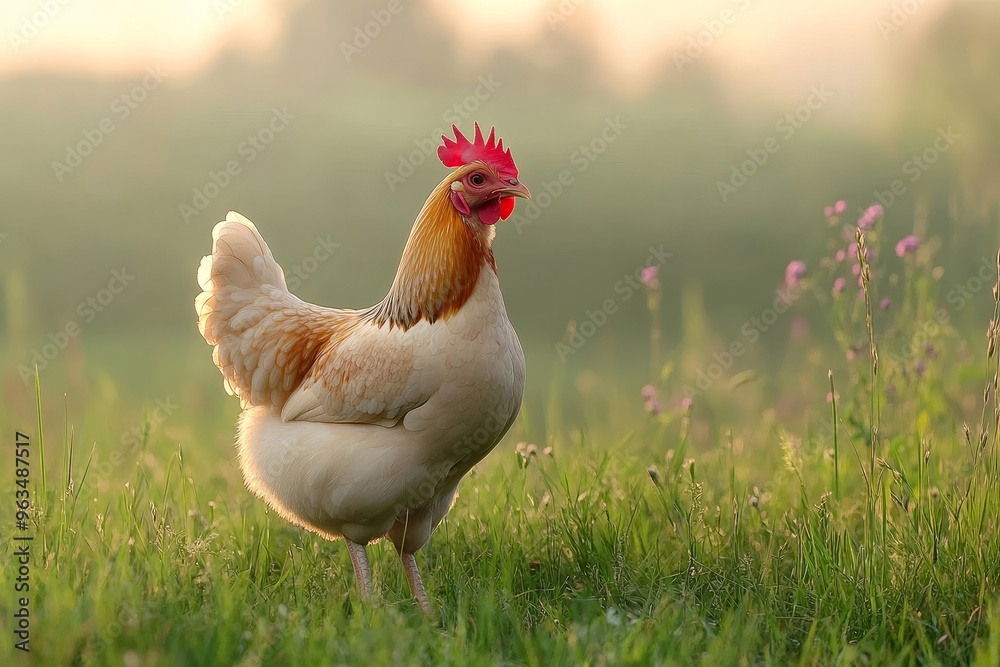 Fototapeta premium A single hen stands in a grassy meadow, bathed in the warm glow of sunrise. The vibrant green grass symbolizes life and renewal, while the soft morning light represents hope and new beginnings. The he