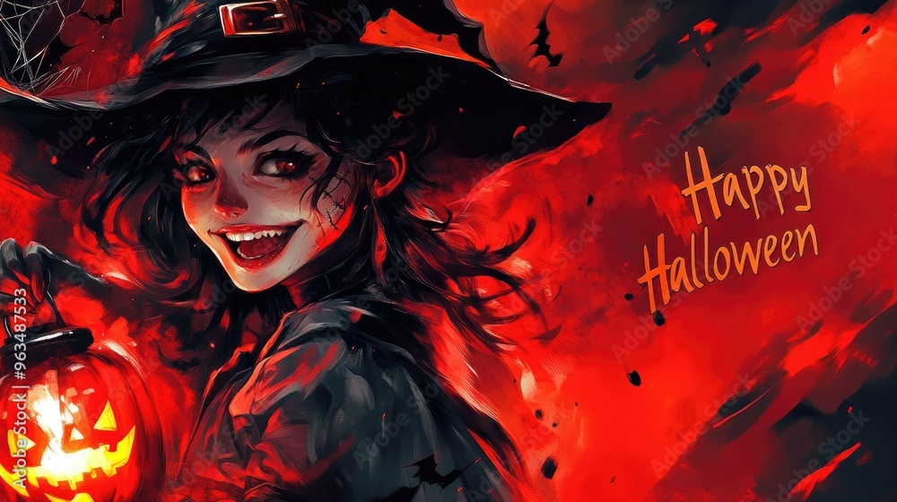 Illustration of a witch holding a glowing pumpkin with a menacing grin in a foggy fiery environment. Halloween holiday concept Illustration of a witch holding a glowing pumpkin with a menacing grin in a foggy fiery environment. Halloween holiday concept