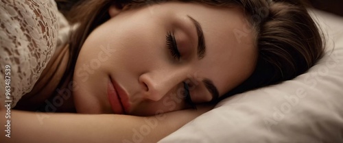 Brunette girl with long eyelashes peacefully sleeping on bed, showcasing serene moment during early morning hours. Brunette woman sleeps soundly on pillow. Tranquility and calmness. AI art. Morning