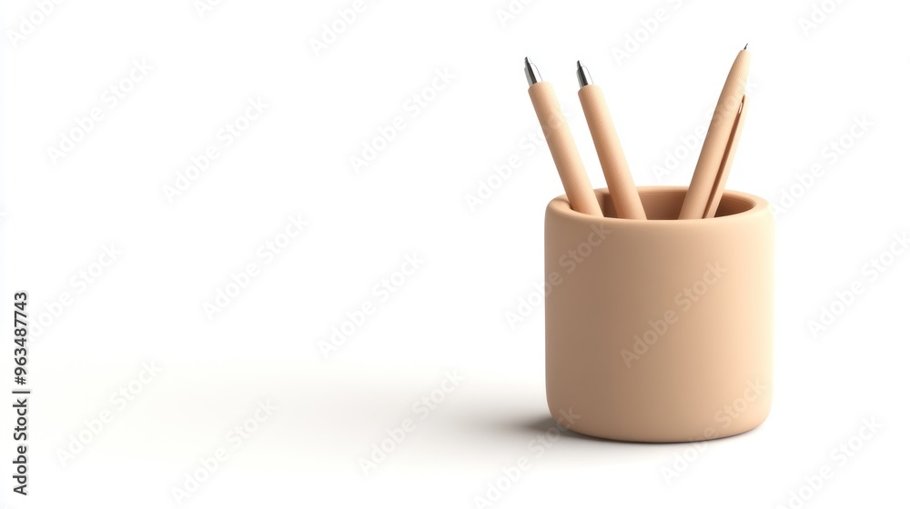 Obraz premium A simple beige pen holder with three writing instruments inside.