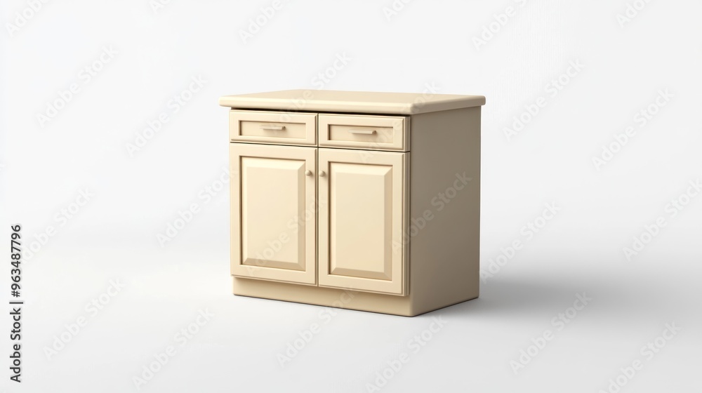 A simple beige kitchen cabinet with two drawers and two doors for storage.