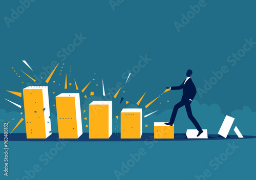 Businessman Preventing Domino Effect to Achieve Success with Support and Resilience - Minimalistic Vector Illustration Concept