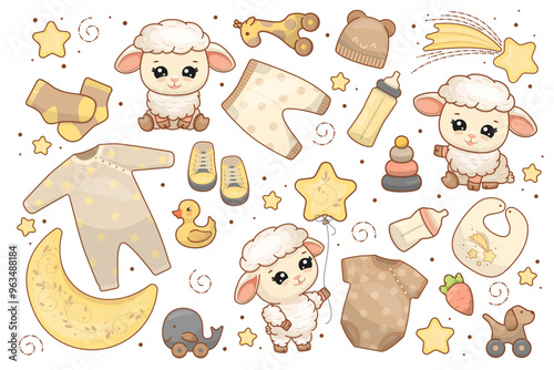 Cute newborn set. Baby shower occasion collection for poster, invitation, discharge album. Hand drawn cute vector set. Vector illustration of cartoon toys, clothes and adorable sheep on white