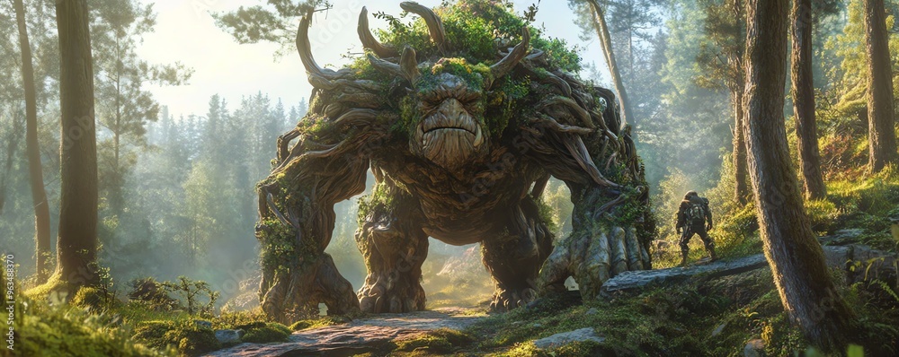 Naklejka premium Majestic forest monster towering over adventurers in an enchanted woodland setting, depicting a fantastical journey through nature's mysteries.