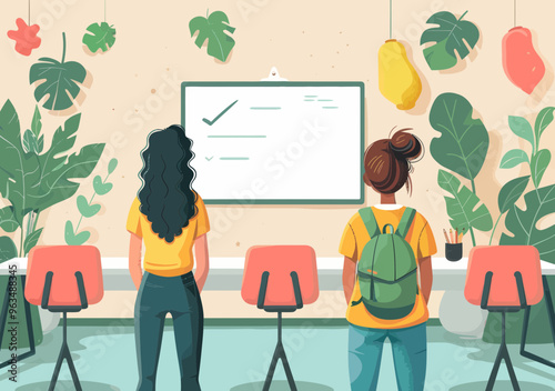 Business Team Learning in Modern Classroom with Teacher Explaining Checklist, Educational Workshop with Minimalistic Design and Vector Illustration, Daytime Session with Focus on Education