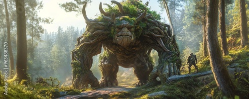 Majestic forest monster towering over adventurers in an enchanted woodland setting, depicting a fantastical journey through nature's mysteries.