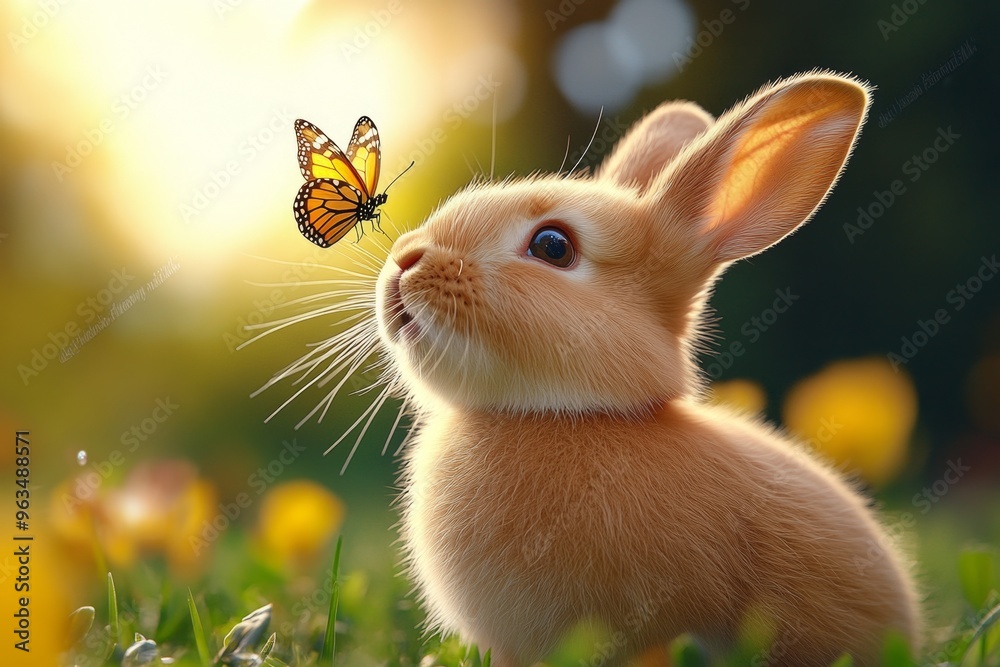 Fototapeta premium Rabbit chasing a butterfly, hopping playfully through the meadow in a joyful display of energy and curiosity