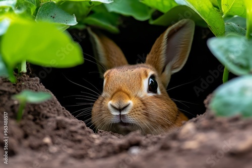 Rabbit burrowing under a hedge, creating a secret entrance to its hidden warren deep in the ground
