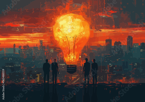 Innovative business team brainstorming new project ideas with light bulb concept against cityscape at sunset