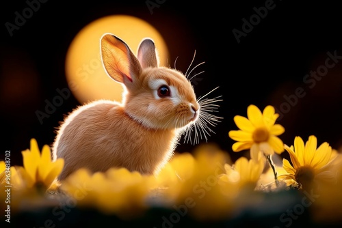 Rabbit darting across a moonlit field, illuminated by the soft glow of the full moon, a creature of the night