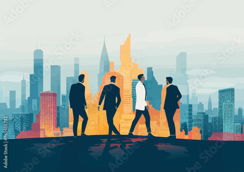 Successful Business Team Solving Challenges to Achieve Growth in City Setting, Corporate Professionals Discussing Strategy with Urban Skyline Background, Vector Illustration