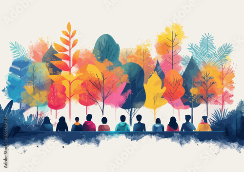 Students Listening to Teacher in Vibrant Autumn Forest, Minimalistic Vector Illustration for Learning and Education Concepts