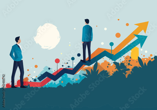 Young Manager Presenting Business Growth Idea with Rising Curve, Minimalistic Vector Illustration of Success and Achievement, Business Concept, Inspired by Creative Strategy, Daytime Setting.