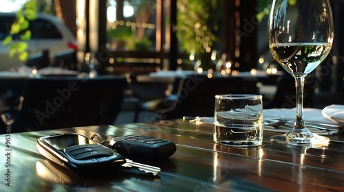 Car Keys and Wine Glass on a Table at a Restaurant