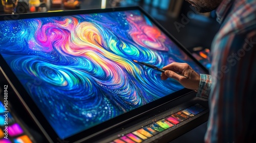 In a well-equipped studio, an artist meticulously works on a colorful digital painting, using a stylus on a large touchscreen display, surrounded by art supplies photo