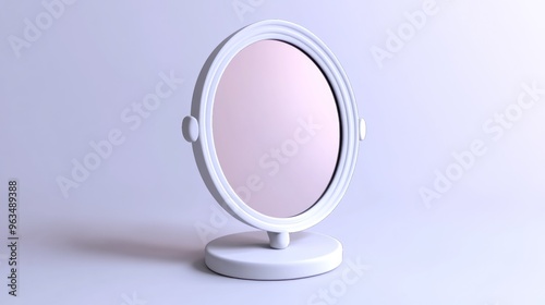 A simple, elegant round mirror on a white base, reflecting soft pastel colors.