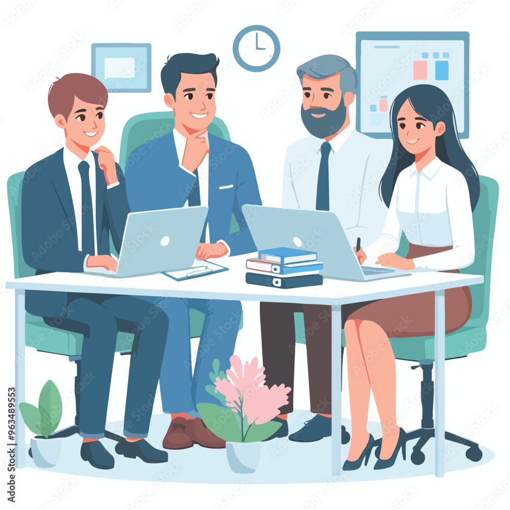 Partners meeting for business discussion with documents and laptop on desk. Couple at round table, speaking, discussing work, partnership. Flat vector illustration isolated on white background Partners meeting for business discussion with documents and laptop on desk. Couple at round table, speaking, discussing work, partnership. Flat vector illustration isolated on white background