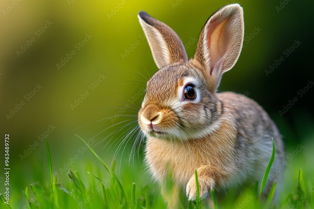 Rabbit hopping through the meadow, ears twitching as it explores the fresh grass under the golden morning sun Rabbit hopping through the meadow, ears twitching as it explores the fresh grass under the golden morning sun