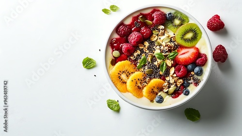 Delicious Fruit Salad with Yogurt Granola and Chia Seeds