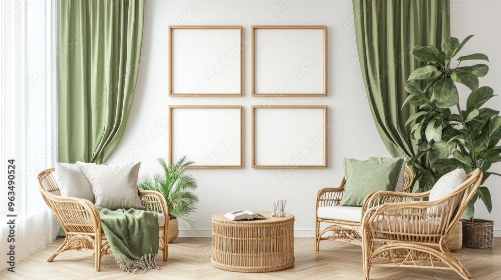 Modern Living Room Interior with Rattan Furniture and Green Accents