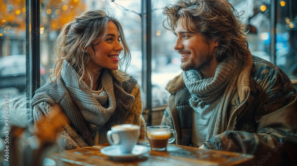 A couple enjoying a coffee while sitting together at a cozy café with a view of the city
A couple enjoying a coffee while sitting together at a cozy café with a view of the city