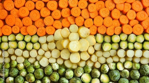 Sliced Carrots, Potatoes, and Brussels Sprouts in a Pan photo