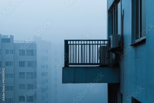 A tranquil balcony overlooks a cityscape shrouded in fog. The blue building adds a sense of peace, and the railing suggests a moment of reflection. The fog creates an air of mystery and isolation, whi photo