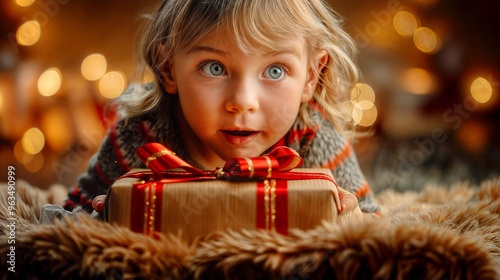 A little girl excitedly looking at a gift box wrapped with red ribbon during the holidays
 photo