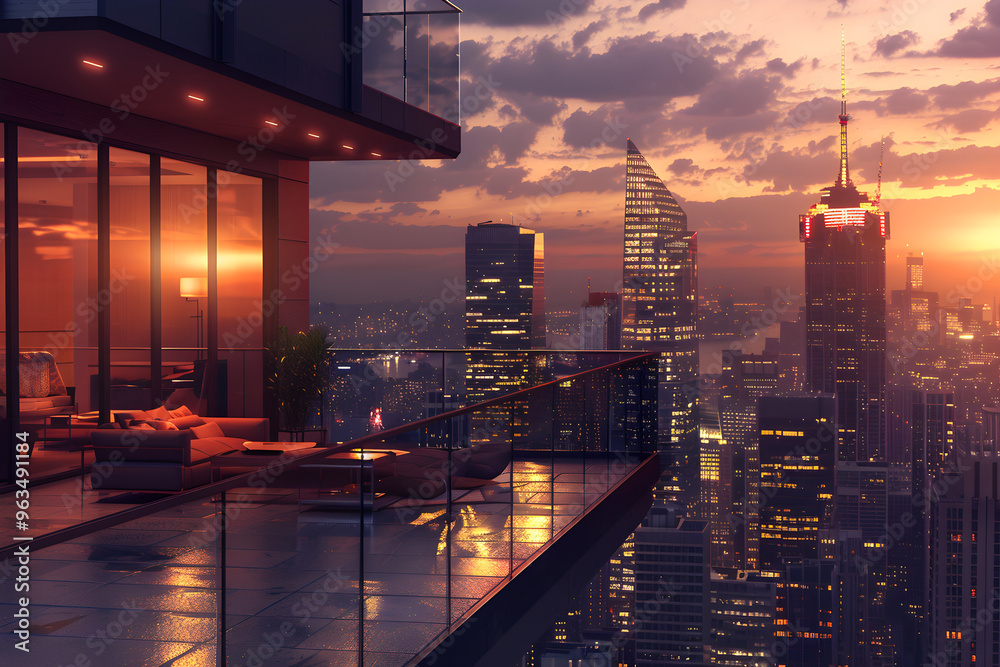 Luxurious Modern Penthouse Rooftop at Sunset with Stunning Cityscape View in High-Definition Render Luxurious Modern Penthouse Rooftop at Sunset with Stunning Cityscape View in High-Definition Render