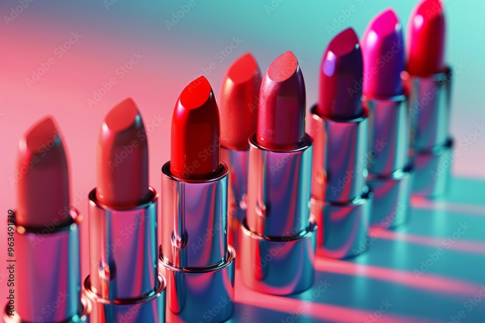 Row of colorful lipsticks casting shadows on a vibrant background Row of colorful lipsticks casting shadows on a vibrant background