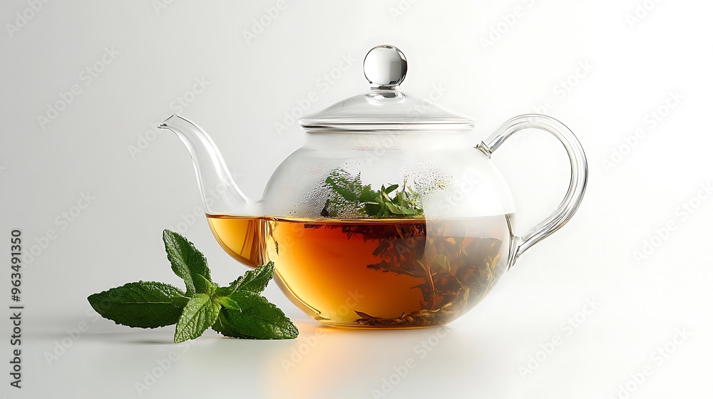 Glass Teapot with Fresh Mint Leaves and Brewed Tea Glass Teapot with Fresh Mint Leaves and Brewed Tea