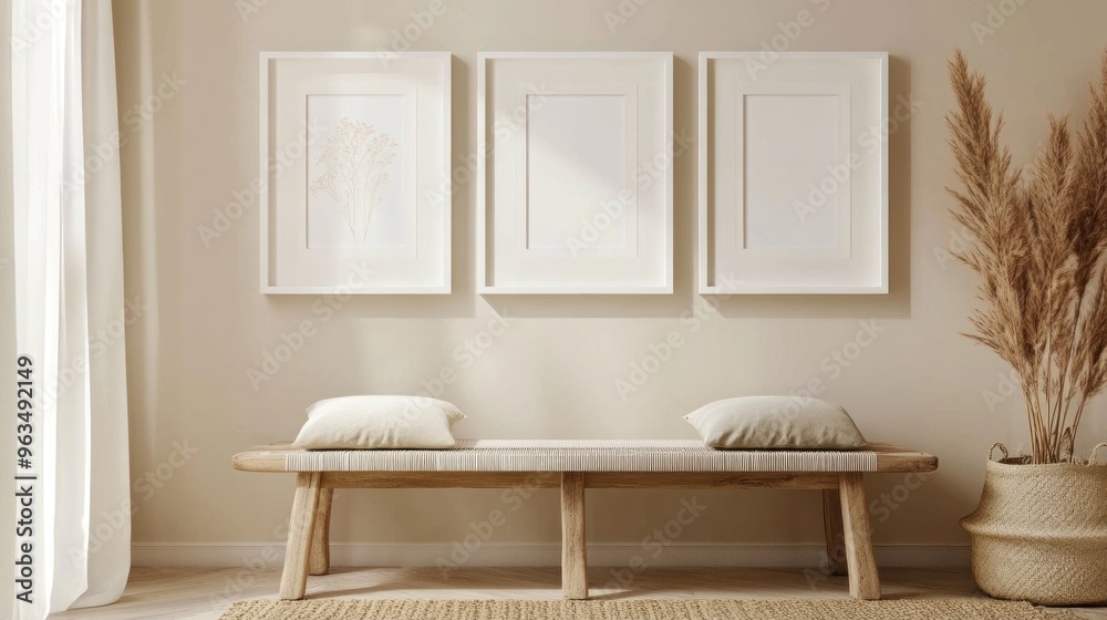 Minimalist Interior Design with Wooden Bench and Pampas Grass Minimalist Interior Design with Wooden Bench and Pampas Grass