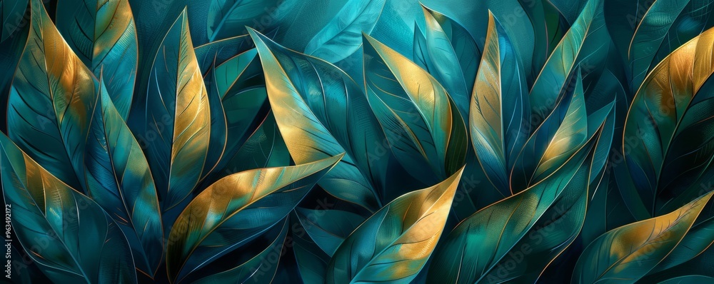 Tropical blue and green leaves overlapping creating textured background Tropical blue and green leaves overlapping creating textured background