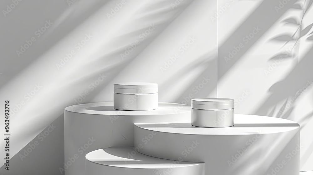 Simplistic mockup of two white pedestals for cosmetic products on a white background Simplistic mockup of two white pedestals for cosmetic products on a white background