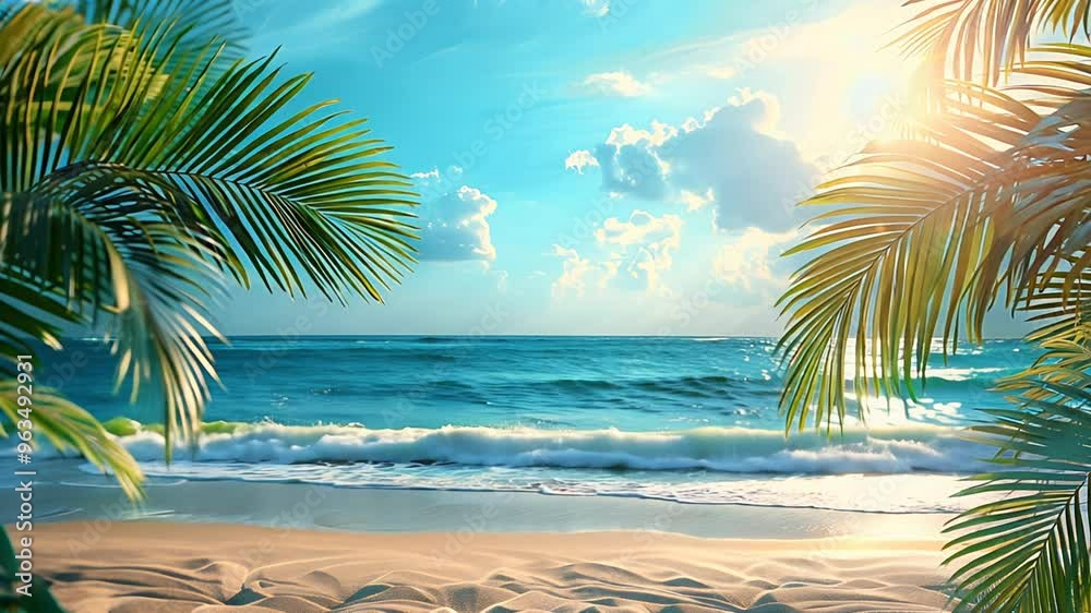 A beautiful beach with palm trees, blue water, and a sunny sky.
