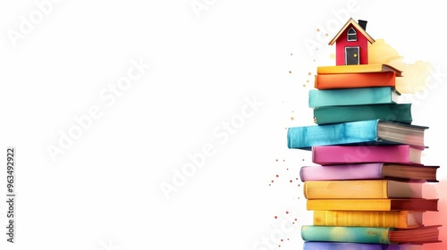 A whimsical watercolor illustration of a house perched atop a stack of colorful books, symbolizing education, knowledge, imagination, home, and growth.