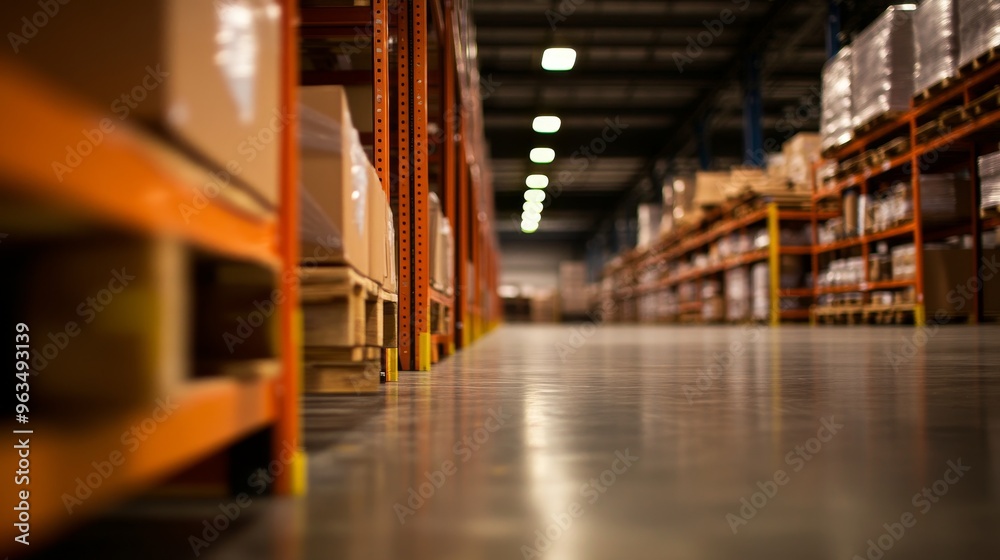 A wide shot of rows of heavy-duty shelving units filled with products in a modern warehouse, showcasing the efficiency and organization of a well-managed storage facility. The image symbolizes product