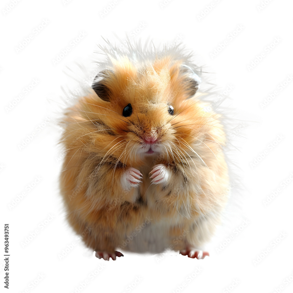 This fluffy orange hamster stands upright, gazing with inquisitive eyes while holding its little paws together, vividly displaying its adorable features against a clear background.
