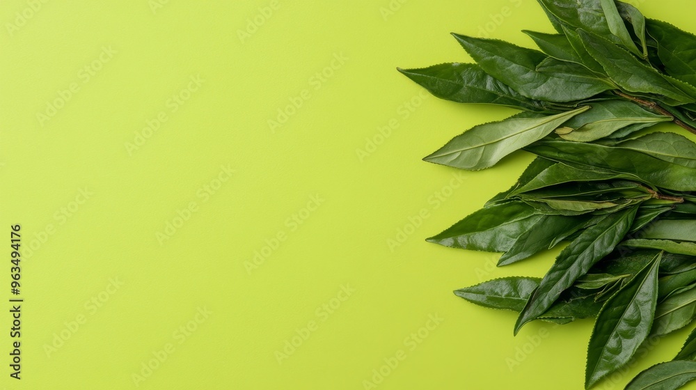 Fresh green tea leaves arranged on a vibrant green background, symbolizing nature, health, purity, tranquility, and refreshment. Fresh green tea leaves arranged on a vibrant green background, symbolizing nature, health, purity, tranquility, and refreshment.